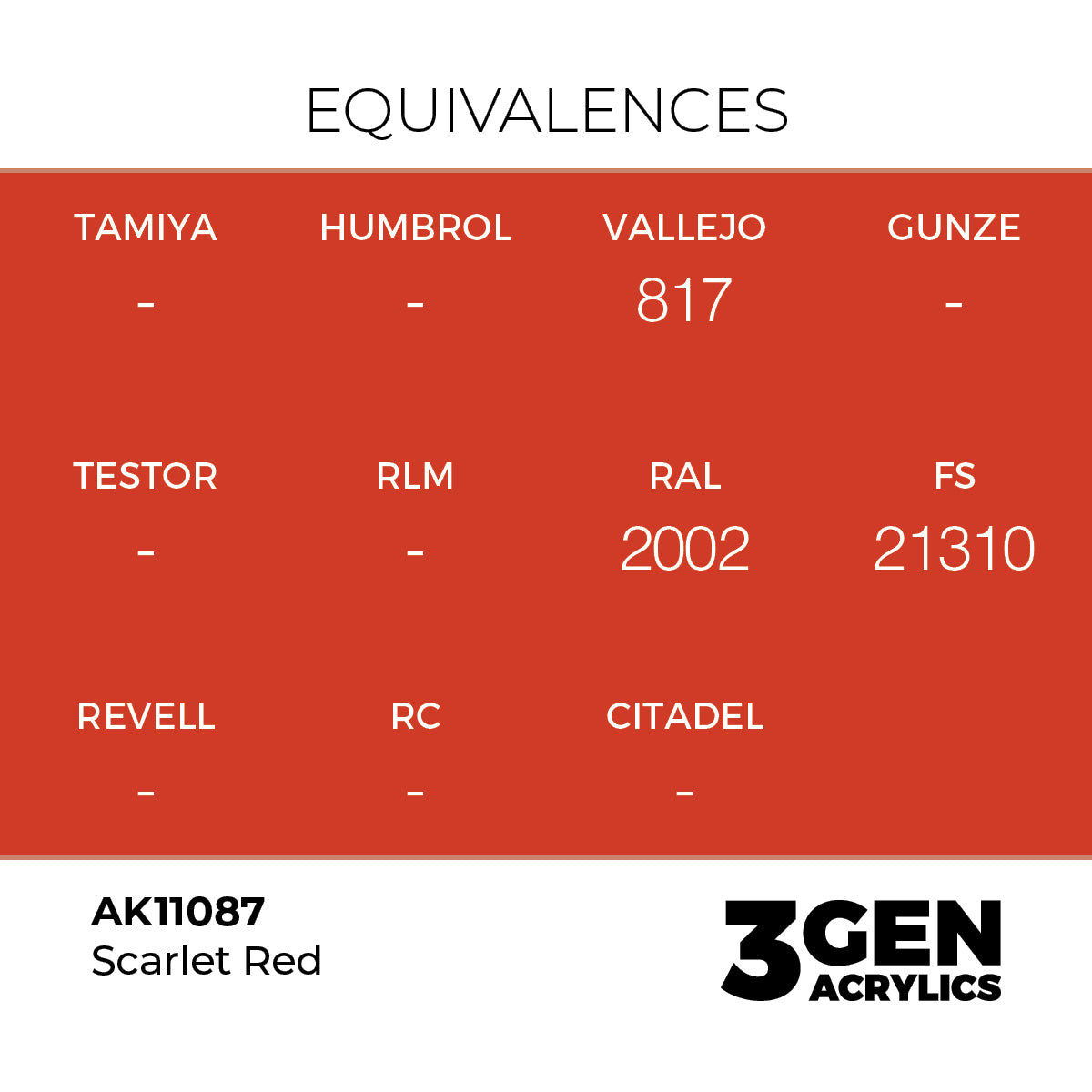 AK11087 - Scarlet Red 17ml - ROJO ESCARLATA – ESTANDAR – 3GEN PINTURA ACRILICA